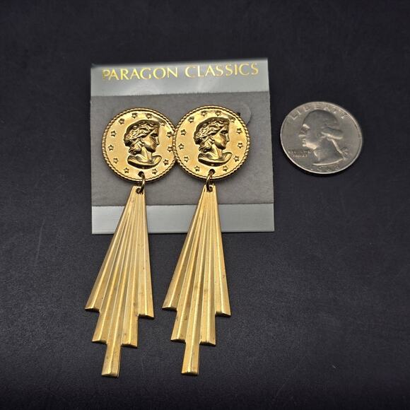 Gold Tone Cameo Lady Face Coin Earrings Art Deco Vintage Jewelry - Picture 3 of 6